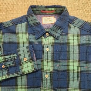 Scotch & Soda Amsterdam Men's Plaid Check  Blue Green Gauze Button Down Shirt  S